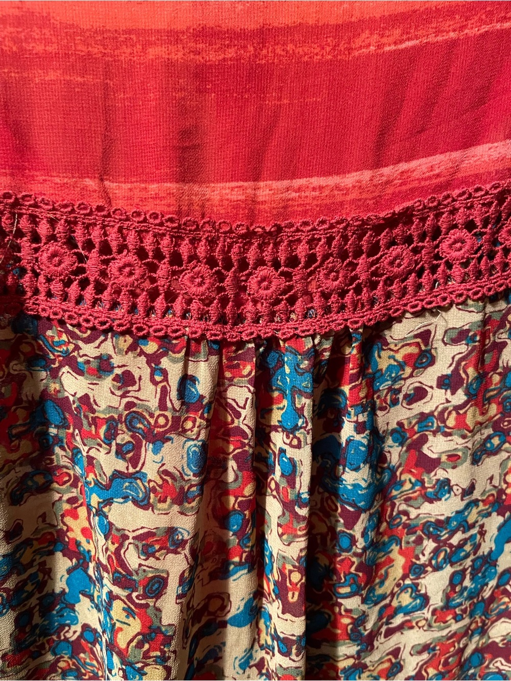 Multiples Red Crochet-Trim Floral Print Circle blouse